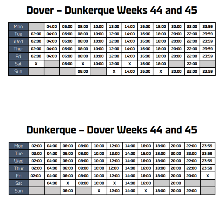 Dover Dunkerque revised schedule weekends 44 and 45